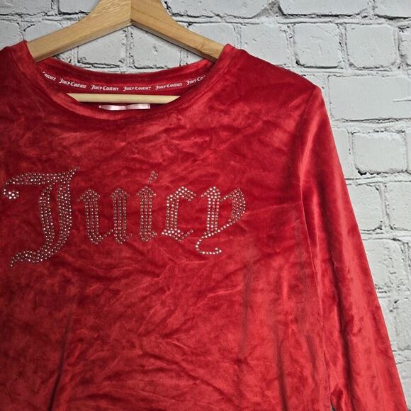 Juicy Couture Sleepwear Red Fuzzy Soft Long Sleeve Rhinestone Top Size Small - Picture 3 of 9